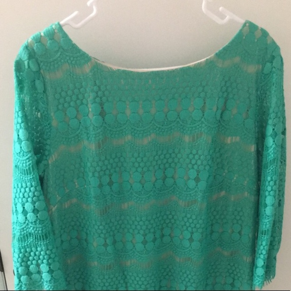 Minty teal lace sheath dress with nude lining!